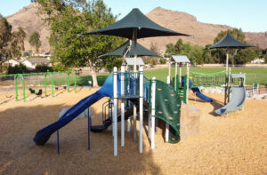 A view of the playground against the backdrop of Boney Mountain.